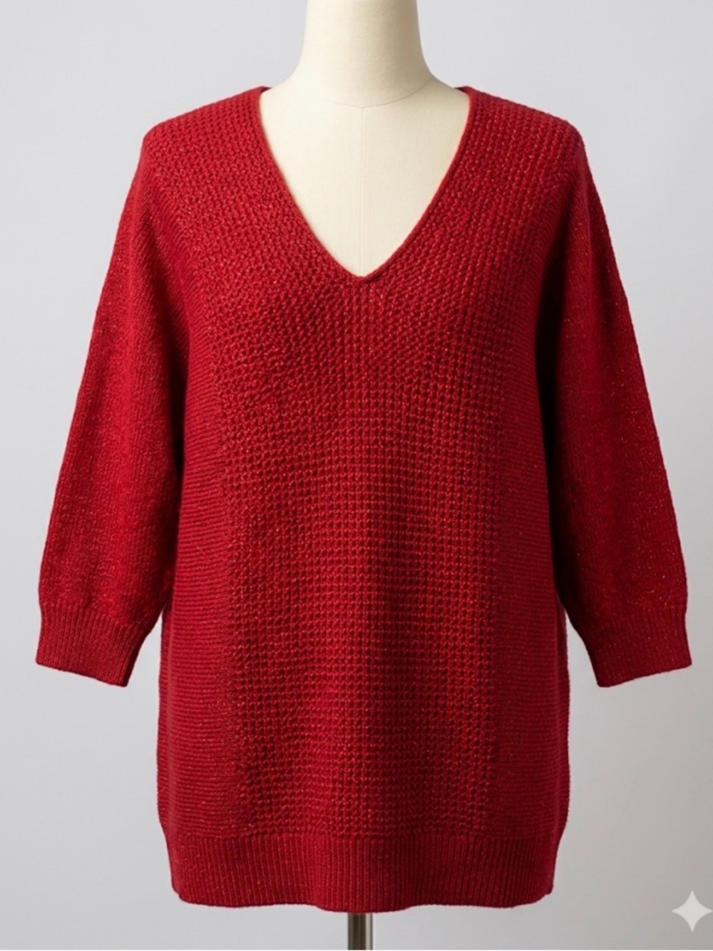 Ricki's Red Metallic Sparkle V-Neck Holiday Christmas Sweater Small